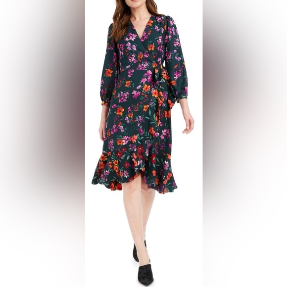 Calvin Klein Dress Green Floral Faux Wrap Midi Ruffles Size 4 in Malachite - Picture 2 of 16